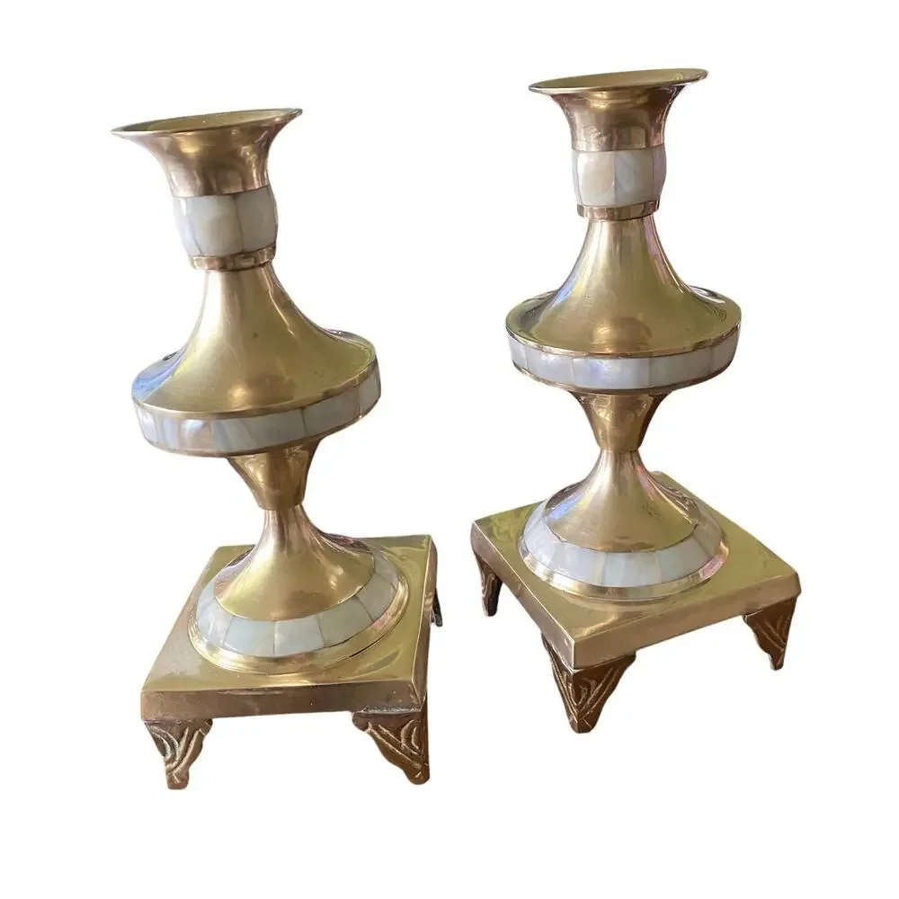 Set of TWO Heavy Brass Candlestick Holders Adorned with Mother of Pearl Shells